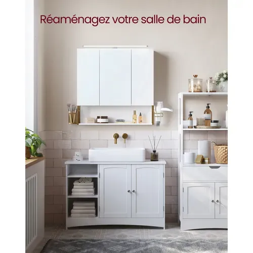 Armoire Murale Avec Miroir, Avec Lampe LED, Avec Câble, Placard 3 Portes, Moderne Chic, Blanc