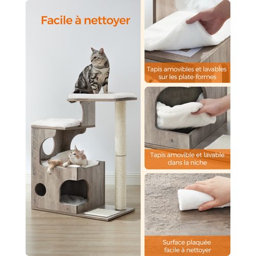 Arbre à Chat, Hauteur 86 Cm, 3 Plate-formes Et 1 Niche, Panneau Mdf, Poteau En Sisal, Grège Et Blanc