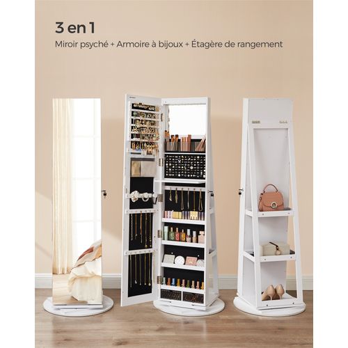Armoire à Bijoux Avec Miroir Sur Pieds, Verrouillable, Avec 6 LED, 3 Étagères De Rangement, Blanc