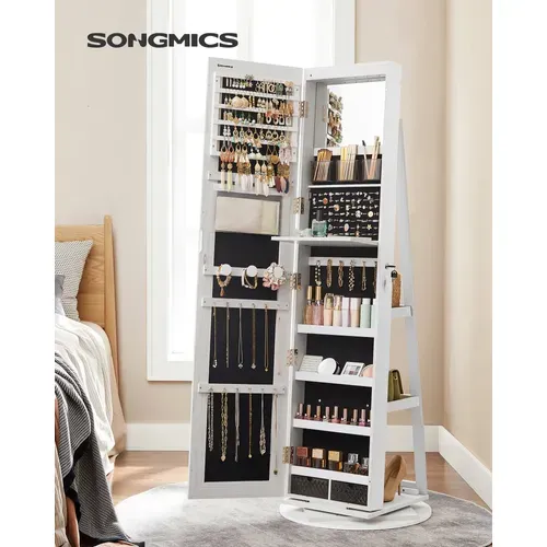 Armoire à Bijoux Avec Miroir Sur Pieds, Verrouillable, Avec 6 LED, 3 Étagères De Rangement, Blanc
