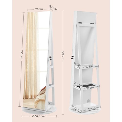 Armoire à Bijoux Avec Miroir Sur Pieds, Verrouillable, Avec 6 LED, 3 Étagères De Rangement, Blanc