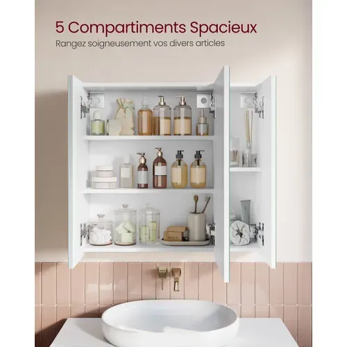 Armoire Murale Salle De Bain, Placard Avec Miroir, Meuble De Rangement 3 Portes, 60 X 15 X 55 Cm, Av