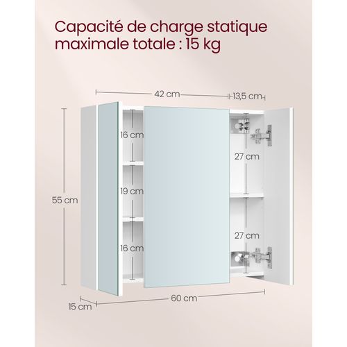Armoire Murale Salle De Bain, Placard Avec Miroir, Meuble De Rangement 3 Portes, 60 X 15 X 55 Cm, Av