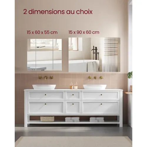 Armoire Murale Salle De Bain, Placard Avec Miroir, Meuble De Rangement 3 Portes, 60 X 15 X 55 Cm, Av