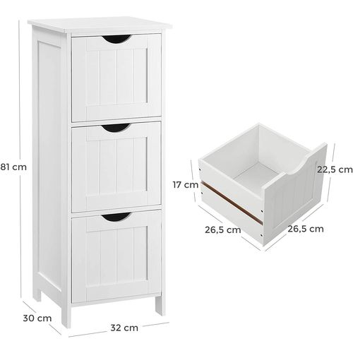 Armoire De Salle De Bain à 3 Tiroirs, 32 X 30 X 81 Cm, Style Nordique Scandinave, Blanc Mat