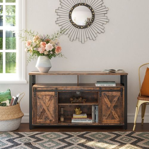 Meuble TV BTM Style Rustique - 150x40x78 Cm, 2 Portes Coulissantes, étagères Réglables - Support TV Jusqu'à 65" - 5