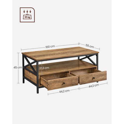 Table Basse, Avec 2 Tiroirs Et 1 Compartiment Ouvert,100 X 55 X 45 Cm, Marron Châtaigne Et Noir