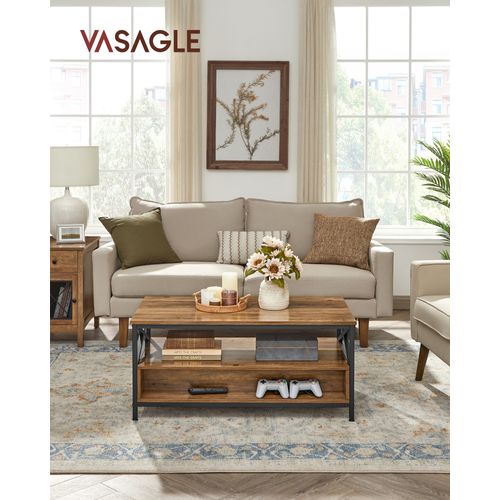 Table Basse, Avec 2 Tiroirs Et 1 Compartiment Ouvert,100 X 55 X 45 Cm, Marron Châtaigne Et Noir