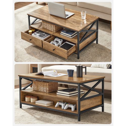 Table Basse, Avec 2 Tiroirs Et 1 Compartiment Ouvert,100 X 55 X 45 Cm, Marron Châtaigne Et Noir