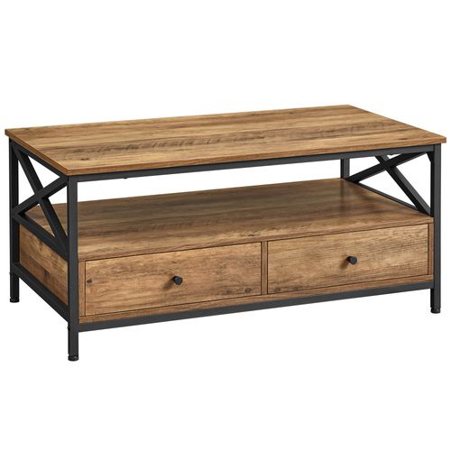 Table Basse, Avec 2 Tiroirs Et 1 Compartiment Ouvert,100 X 55 X 45 Cm, Marron Châtaigne Et Noir