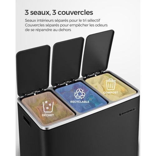 Poubelle Tri Sélectif 3 Bacs, 3 X 18l, Poubelle 3 Compartiments, Couvercle à Fermeture Lente