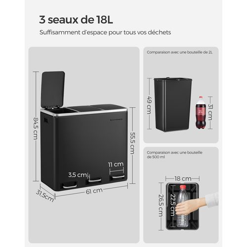 Poubelle Tri Sélectif 3 Bacs, 3 X 18l, Poubelle 3 Compartiments, Couvercle à Fermeture Lente
