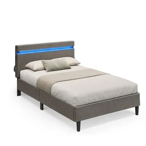 Lit 90 X 190 Cm, Avec Tête De Lit, Éclairage LED, Gris Foncé