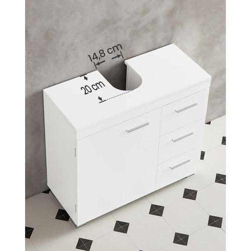 Meuble Sous Lavabo, 3 Grands Tiroirs, 2 Compartiments Derrière Porte, 30 X 70 X 64 Cm, Blanc