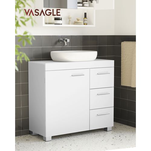 Meuble Sous Lavabo, 3 Grands Tiroirs, 2 Compartiments Derrière Porte, 30 X 70 X 64 Cm, Blanc