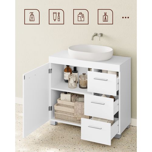 Meuble Sous Lavabo, 3 Grands Tiroirs, 2 Compartiments Derrière Porte, 30 X 70 X 64 Cm, Blanc