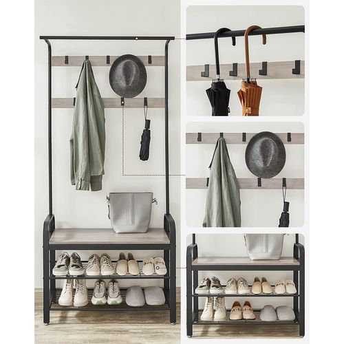 Vestiaire, Avec Crochets Amovible, Banc Et Étagère À Chaussures, Hauteur 183 Cm, Grège Et Noir