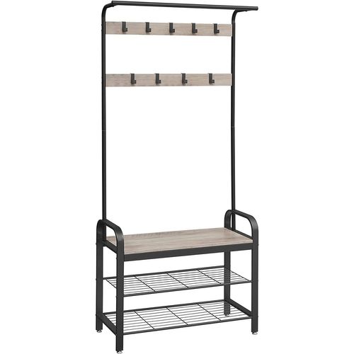 Vestiaire, Avec Crochets Amovible, Banc Et Étagère À Chaussures, Hauteur 183 Cm, Grège Et Noir