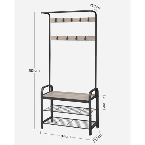 Vestiaire, Avec Crochets Amovible, Banc Et Étagère À Chaussures, Hauteur 183 Cm, Grège Et Noir