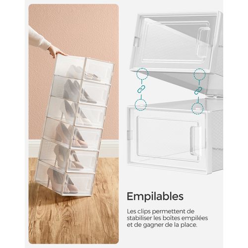 Meuble à Chaussures,lot De 18,pliable Pour Pointure Jusqu’à 44, Transparent Et Blanc