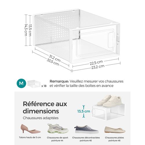 Meuble à Chaussures,lot De 18,pliable Pour Pointure Jusqu’à 44, Transparent Et Blanc