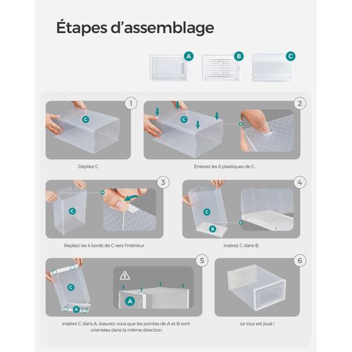Meuble à Chaussures,lot De 18,pliable Pour Pointure Jusqu’à 44, Transparent Et Blanc