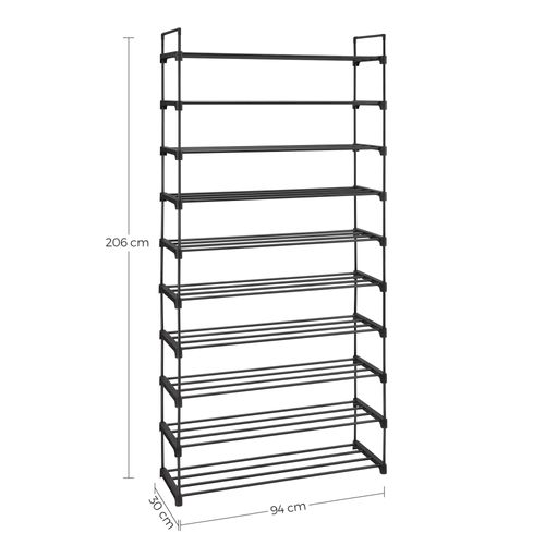 Étagère à Chaussures 10 Niveaux, En Métal, Gain De Place, Dressing, Entrée, 30 X 94 X 206 Cm, Noir