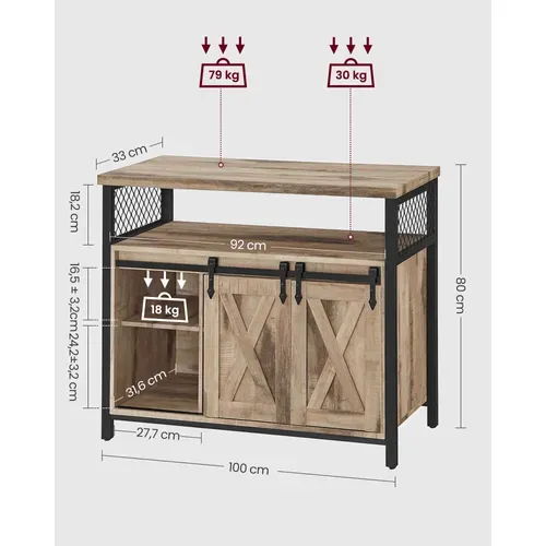 Buffet Avec 2 Portes Coulissantes, 100  X 33 X 80 Cm, Style Industriel, Couleur Boisée