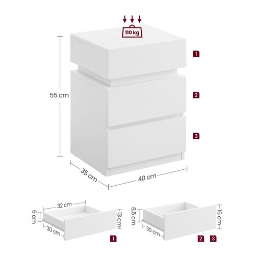 Table De Chevet 3 Tiroirs, Avec Bande LED Multicolore, Style Moderne, 35 X 40 X 55 Cm, Blanc