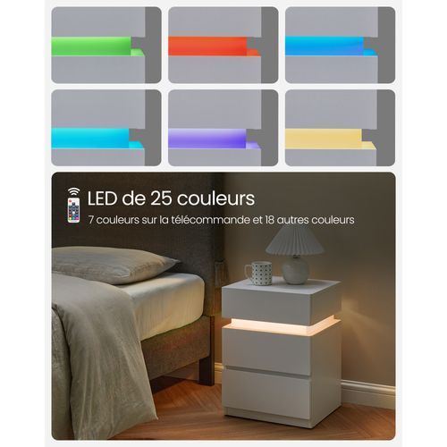 Table De Chevet 3 Tiroirs, Avec Bande LED Multicolore, Style Moderne, 35 X 40 X 55 Cm, Blanc