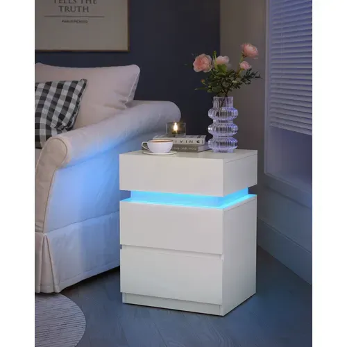 Table De Chevet 3 Tiroirs, Avec Bande LED Multicolore, Style Moderne, 35 X 40 X 55 Cm, Blanc