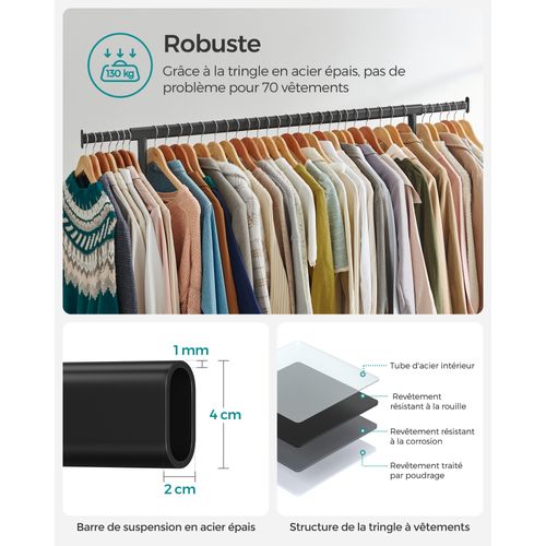 Portant à Vêtements Avec Roulettes, Tringle Extensible Pour Charge Lourde, Capacité De Charge 130 Kg