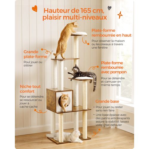 Arbre À Chat, Tour De Jeux Moderne 165 Cm, Avec 5 Griffoirs, Coussins Lavables Et Amovibles
