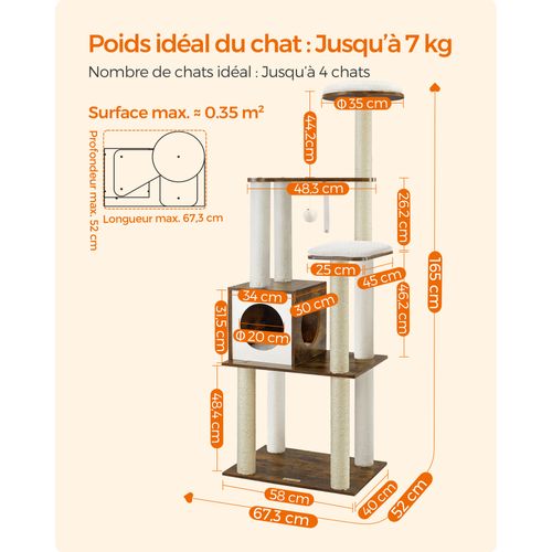 Arbre À Chat, Tour De Jeux Moderne 165 Cm, Avec 5 Griffoirs, Coussins Lavables Et Amovibles