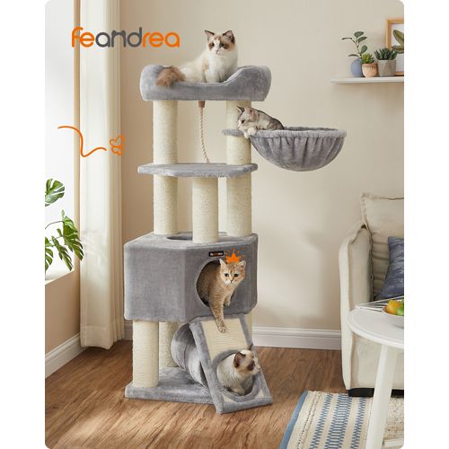 Grand Arbre à Chat, Avec Niche, Hamac, 50 X 50 X 141 Cm, Gris Clair Et Couleur Boisée