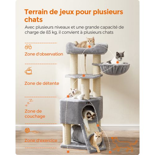 Grand Arbre à Chat, Avec Niche, Hamac, 50 X 50 X 141 Cm, Gris Clair Et Couleur Boisée