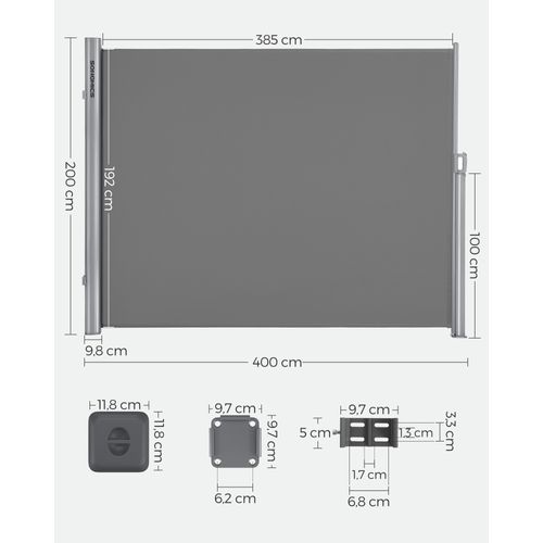 Paravent Extérieur, 200 X 400 Cm, Store Latéral Rétractable, Brise-vue, Protection Solaire, Opaque