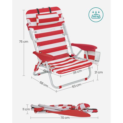 Chaise Camping Pliante, Avec Bandoulière, ‎68 X 63 X 75 Cm, Dossier Réglable, Appui-tête, Rouge