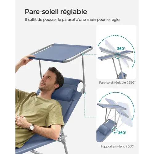 Chaise Longue Pliable, 193 X 53 X 29 Cm, Pour Jardin, Piscine, Terrasse, Bleu