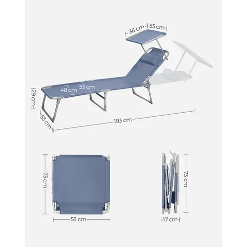 Chaise Longue Pliable, 193 X 53 X 29 Cm, Pour Jardin, Piscine, Terrasse, Bleu