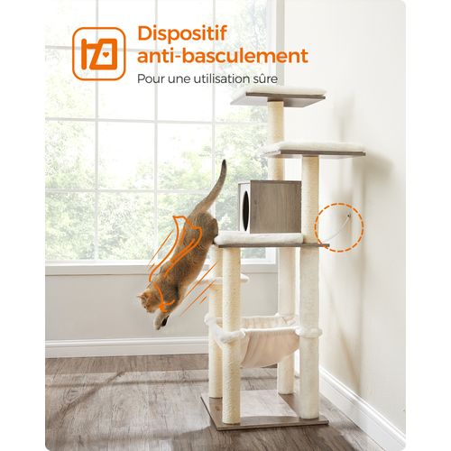 Arbre à Chat, Tour De Jeux De 138 Cm, Pour Chats Domestiques, Niche, Meuble Pour Chat, Grège