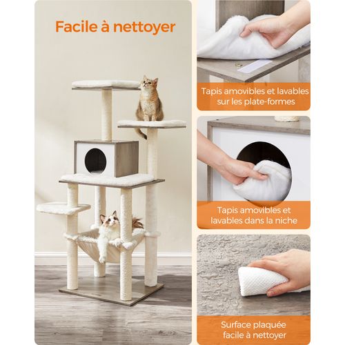 Arbre à Chat, Tour De Jeux De 138 Cm, Pour Chats Domestiques, Niche, Meuble Pour Chat, Grège