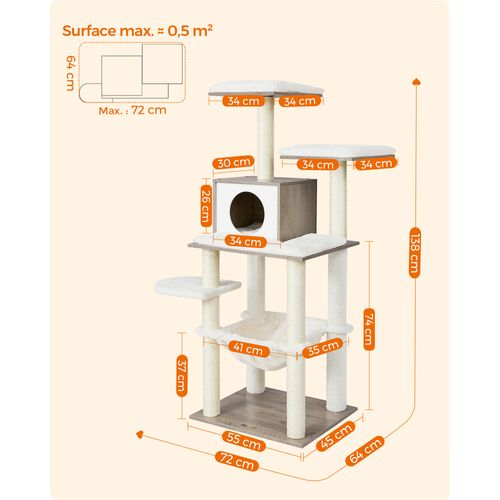 Arbre à Chat, Tour De Jeux De 138 Cm, Pour Chats Domestiques, Niche, Meuble Pour Chat, Grège