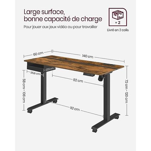 Bureau Réglable En Hauteur Électrique, Bureau 60 X 140 Cm, Fonction Mémoire, Vintage Brun-noir