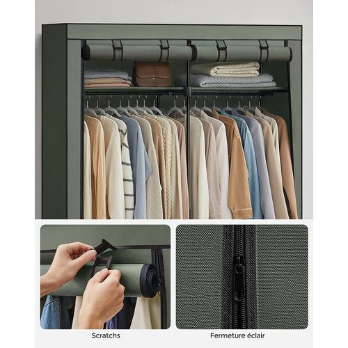 Armoire Chambre, Penderie Avec 2tringles, Porte-vêtements, Housse En Tissu, 43x140x174cm, Vert Olive