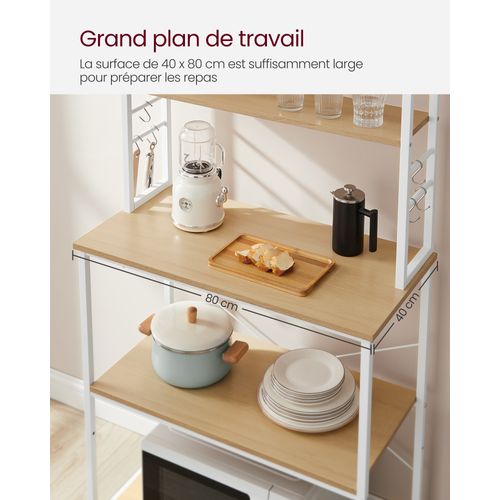 étagère De Cuisine, 6 étagères Et 6 Crochets, 40 X 80 X 167 Cm, Couleur Chêne Et Blanc