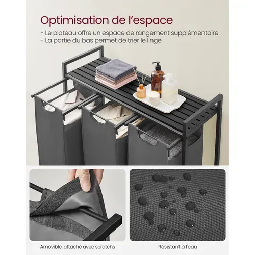 Panier à Linge, Étagère, Cadre En Métal, 3 X 38l, 92,5 X 33 X 72 Cm, Noir Et Gris