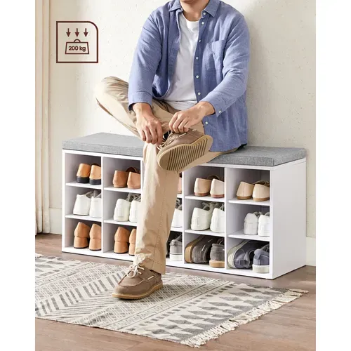 Banc Chaussures Avec 15 Compartiments, Siège Rembourré, Capacité De Charge 200 Kg, Blanc Et
