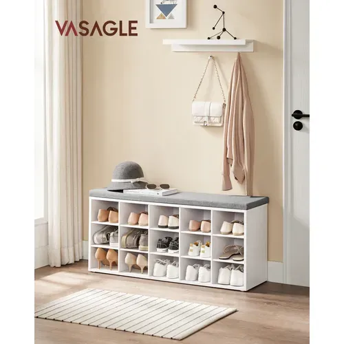 Banc Chaussures Avec 15 Compartiments, Siège Rembourré, Capacité De Charge 200 Kg, Blanc Et