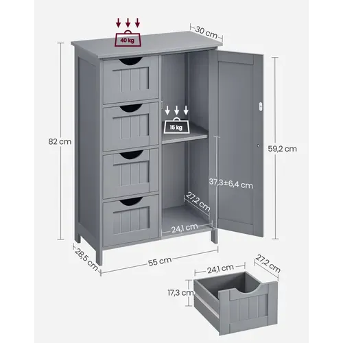 Meuble Salle De Bain Rangement, Avec 4 Tiroirs, Placard Avec Porte, Étagère Réglable, Gris Mystique